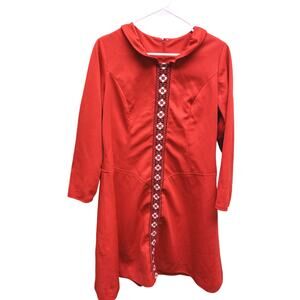 Vintage 60s Sears Fashion 1/2 Zip Red Orange Embroidered Strip Collared Dress M